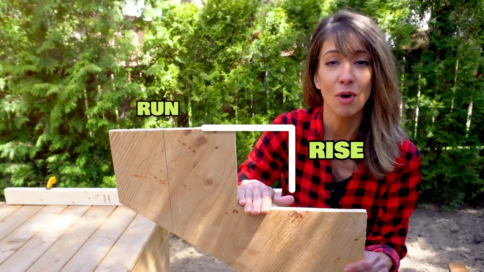 Rise and run explained on a deck stair stringer