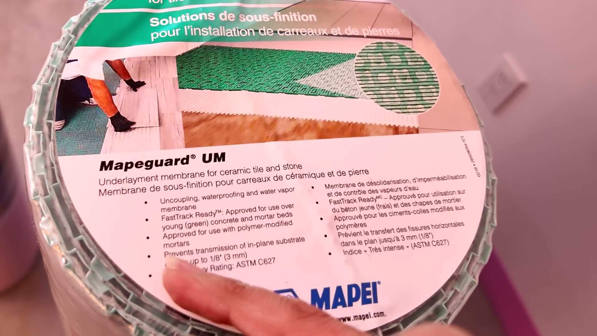Where to find the ANSI A118.12 crack isolation rating printed on a tile membrane product